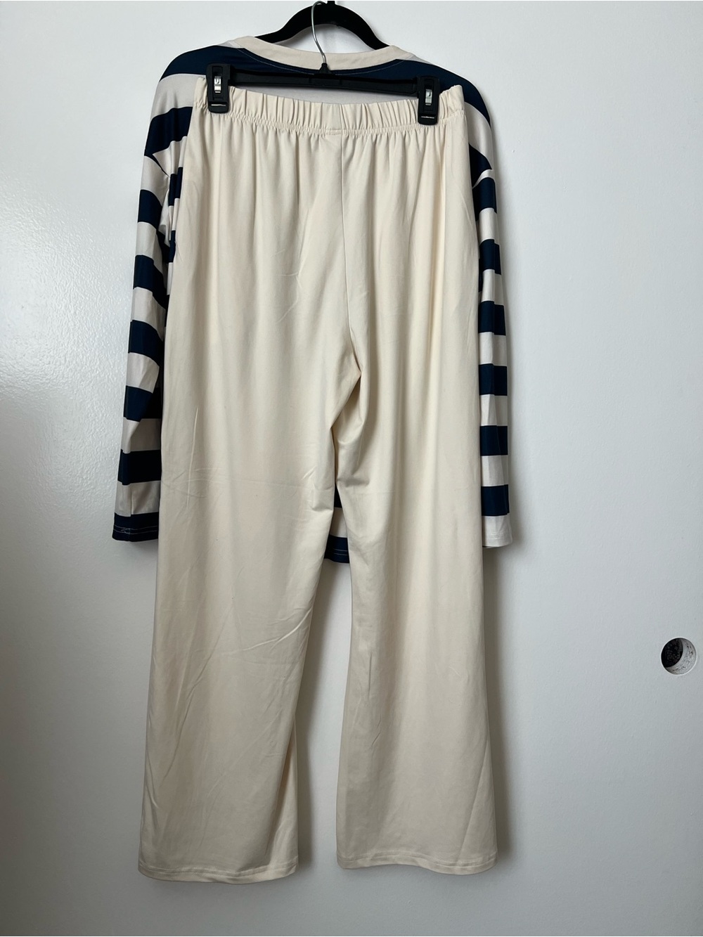 Cream Wide-Leg Pants with Navy Stripe Top — Casual Two-Piece Set - Picture 2 of 4